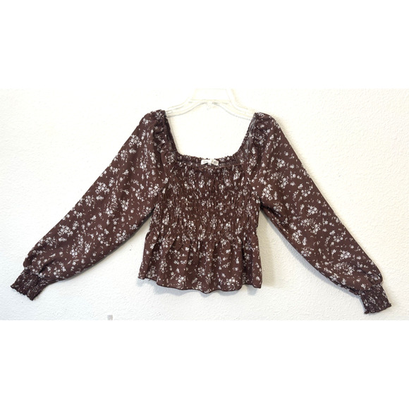 Ultra Flirt‎ Smocked Peplum Top Brown Floral Square Neck Long Sleeve Medium - Picture 1 of 5